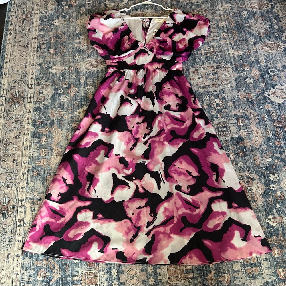 Melloday Abstract Watercolor Floral Pink Purple Midi Dress.